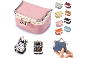 KLESZZYD Genuine Cow Leather Mini Jewelry Box & Coin Purse for Women, Travel Jewelry Case with Kiss Lock, Holds Earrings, Rings, Necklace, Bracelet, Coins (Pink)