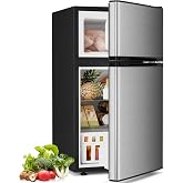 Antarctic Star Compact Refrigerator with Freezer,2 Door Mini Fridge,Adjustable Shelf,Adjustable Thermostat,for Bedroom,Office,Dorm,Kitchen,3.2 Cu.Ft.Silver