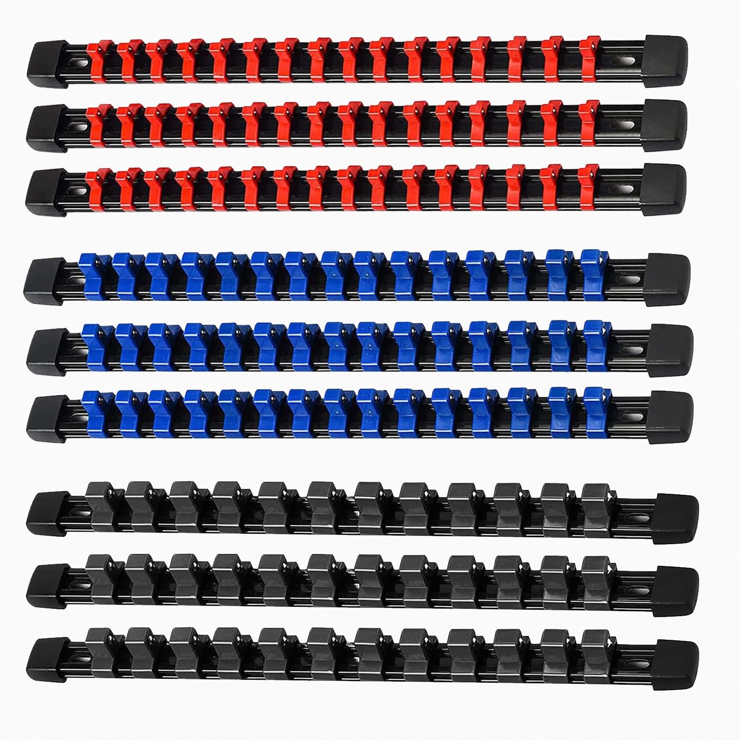 ACEBON Tools Socket Organizers - 9 Piece Kit, 1/4", 3/8", 1/2" Drive, Clip Rail Holder for 129 Sockets