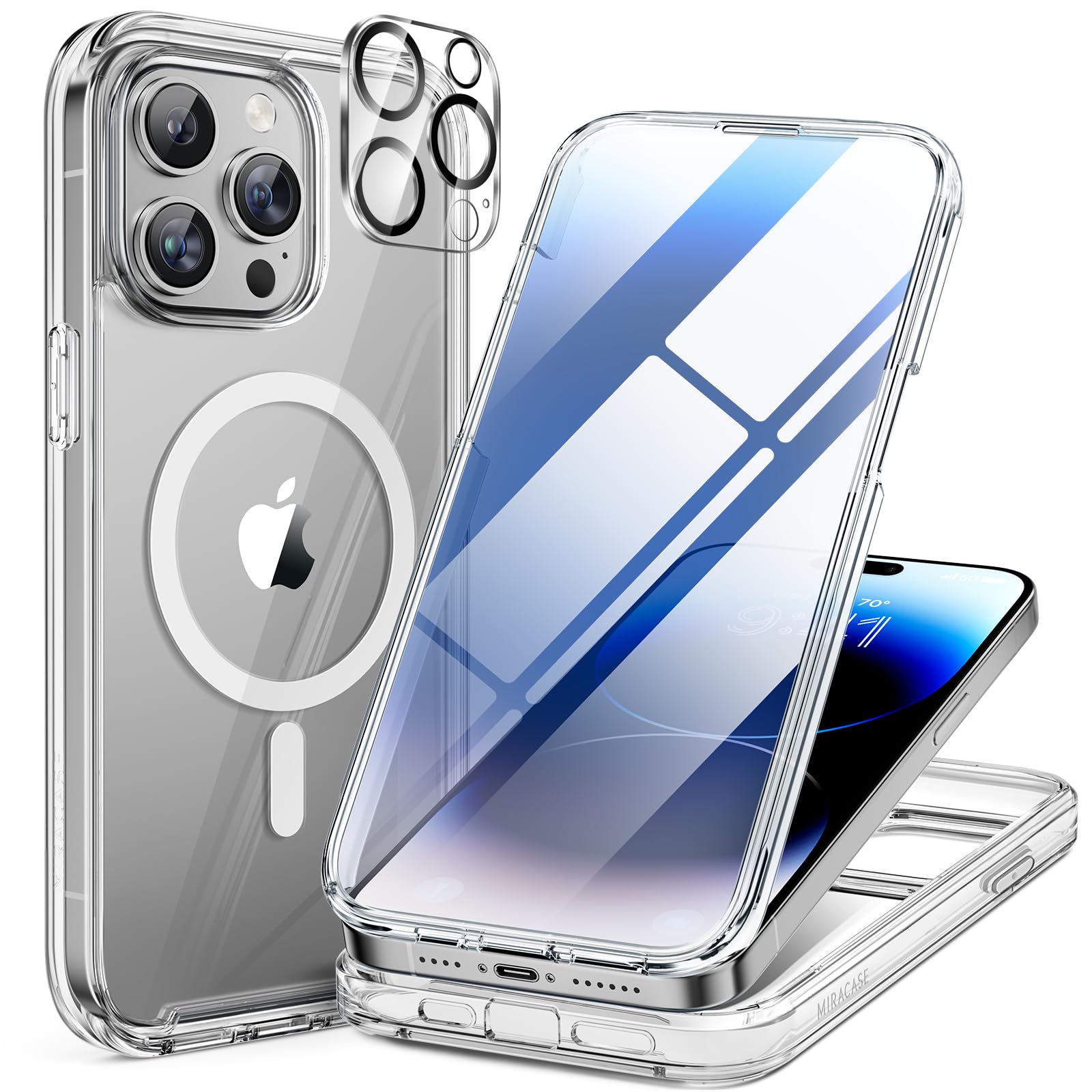 Miracase Magnetic Case for iPhone 15 Pro Max Case 6.7-Inch, Full Body Bumper Case Compatible with MagSafe and Built-in 9H Tempered Glass Screen Protector + Camera Lens Protector (Clear) — image 1