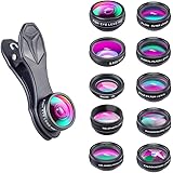 Apexel 10 in 1 Phone Kamera Objektiv Set Weitwinkelobjektiv + Makro Objektiv + Fisheye Objektiv + Teleobjektiv + Kaleidoskop 3/6 Objektiv + CPL/Flow / Star/Radial Filter Clip-on Meiste Smartphone