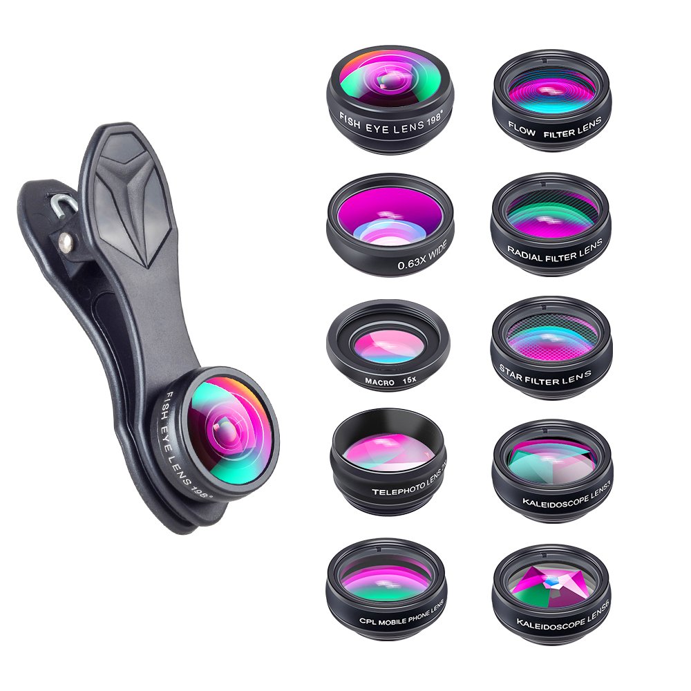 Apexel 10 in 1 Phone Camera lens kit Wide Angle lens + Macro lens + Fisheye lens + Telephoto lens + Kaleidoscope 3/6 lens + CPL/Flow/Star/Radial Filter Clip-on Phone for iPhone Samsung Most Smartphone