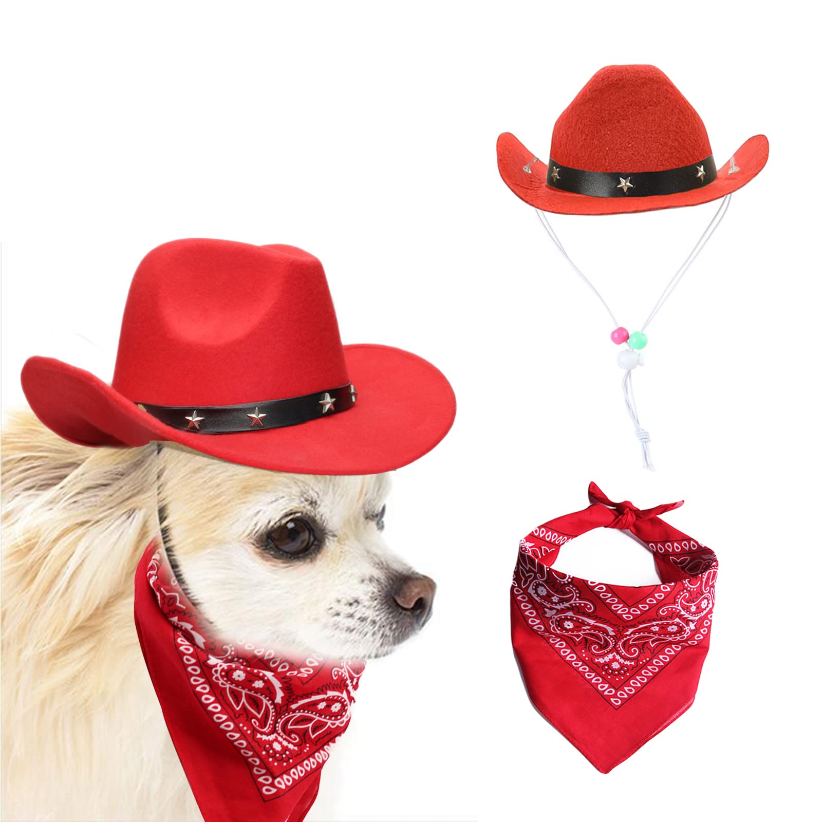 AWOCAN Dog Cowboy Hat and Bandana Scarf Dog Cat Sombrero Puppy Hat Dog Cat Costume Cosplay Cap Puppy Pet Dog Cat Holiday Pet Party Decoration (RED)