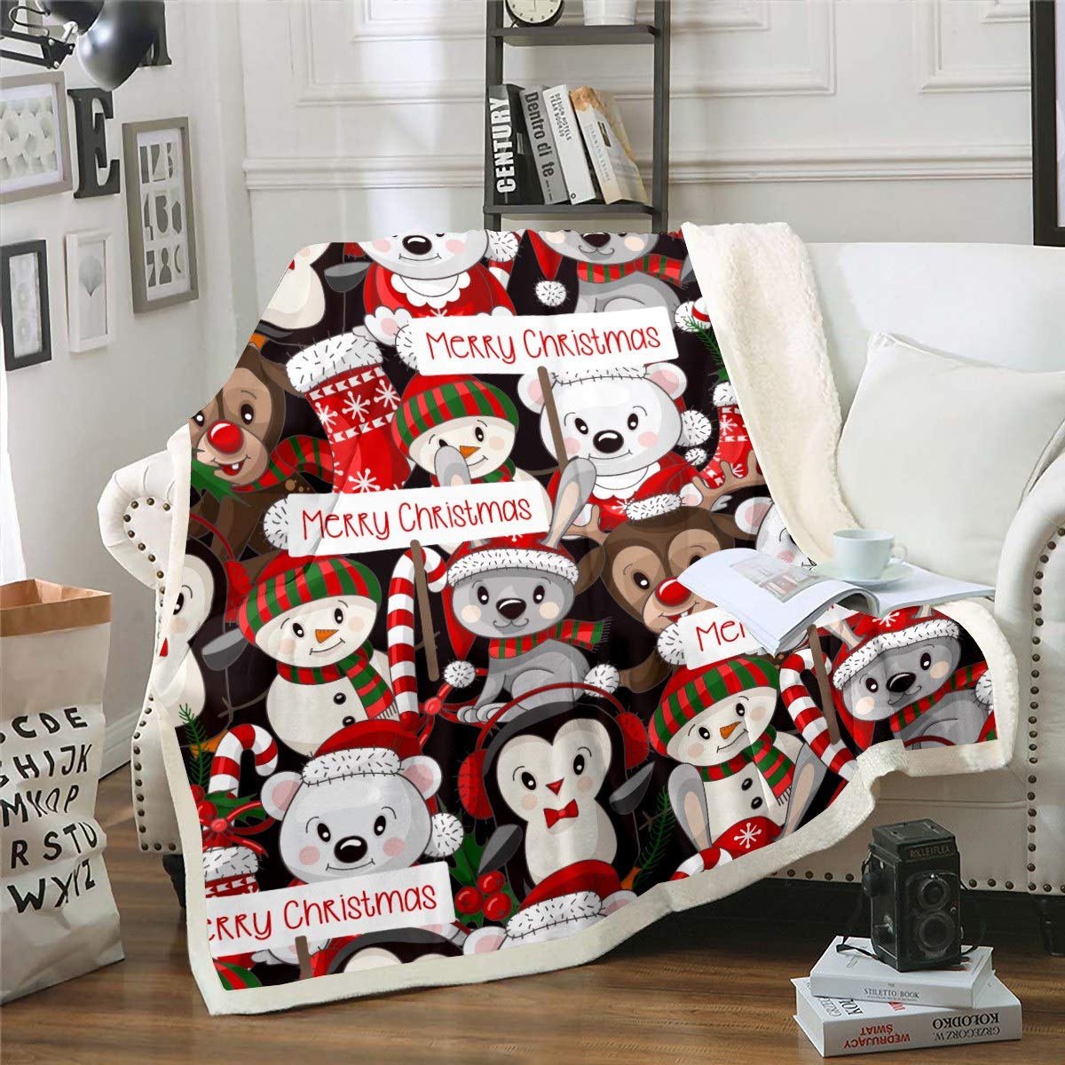 Loussiesd Christmas Theme Cartoon Deer & Rabbit Cute Animal Theme Sherpa Throw Blanket - Plush Fuzzy Xmas Gift - 30"x40"