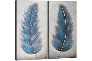 Wieco Art Blue Feathers Abstract Paintings Wall Art on Canvas Mordern Canvas Wall Art for Living Room Bedroom Contemporary Ar