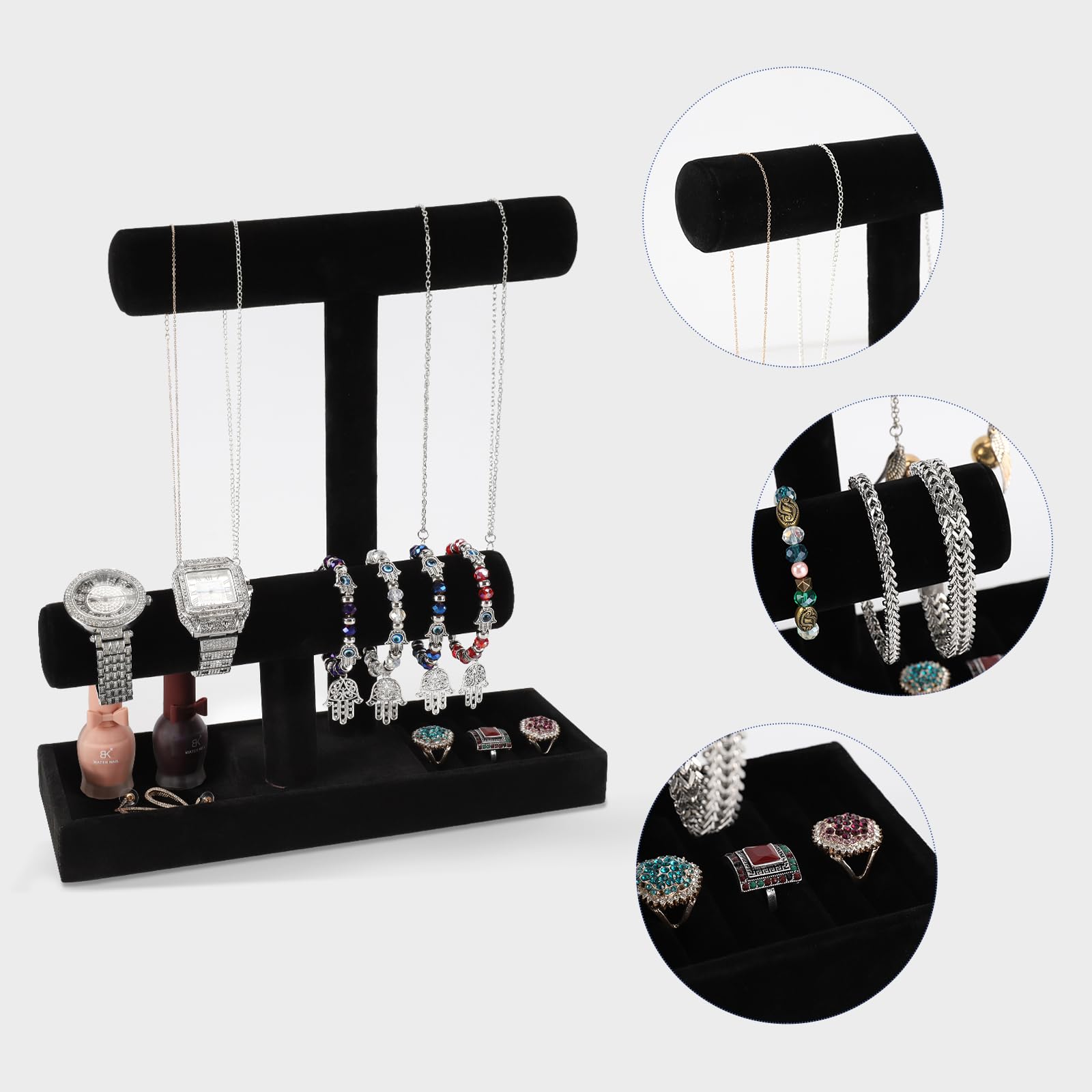 ByKen Jewelry ByKen Necklace Holder,Bracelet Holder,Jewelry Organizer Stand with Earrings Rings Tray,Jewelry Holder for Scrunchie Watches (Black Velvet)