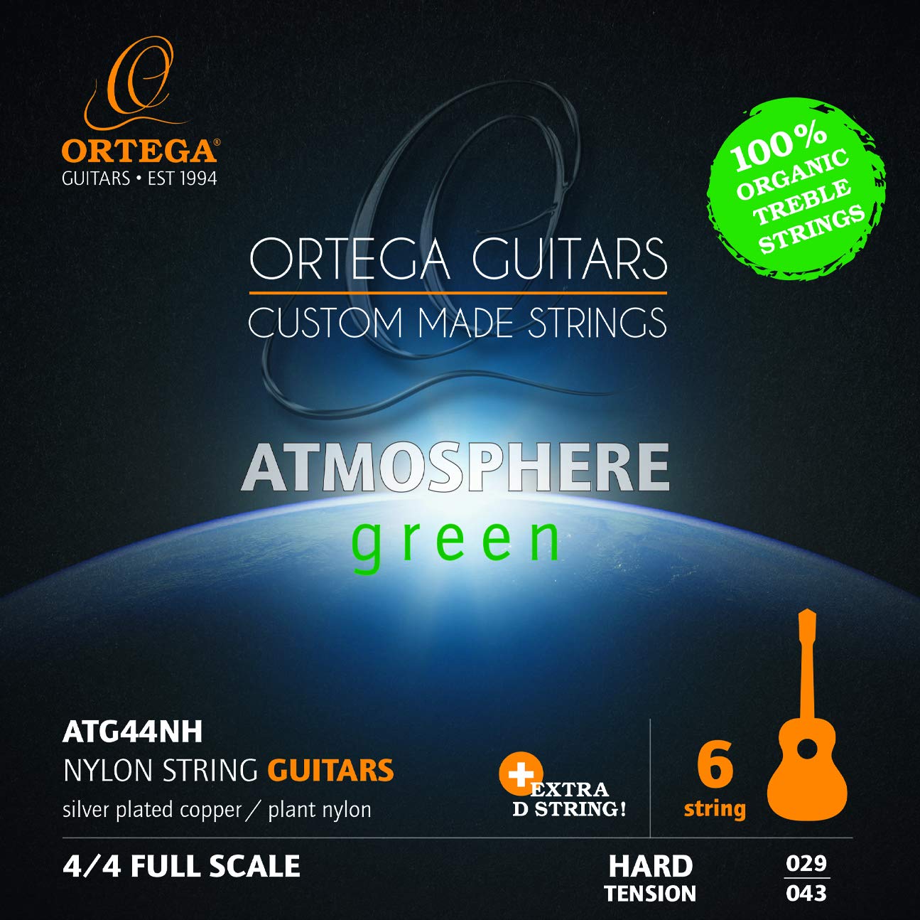 Ortega Guitars Nylon Guitar Strings – Set for 4/4 Guitar, Hard – Atmosphere Green Series – Extra D String – Plant-Based Nylon/Silver-Plated Copper (ATG44NH)
