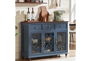 Joaxswe Farmhouse Sideboard Buffet Cabinet with Storage,48" Large Credenza with 3 Glass Doors & 3 Drawers,Adjustable Shelves Console Table,Wood Kitchen Coffee Bar for Dining Room,Living Room,Navy Blue