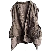 NFYM Women's Linen Vest Sleeveless Open Front Kimono Cardigan Hippie Vintage Waistcoat with Pockets