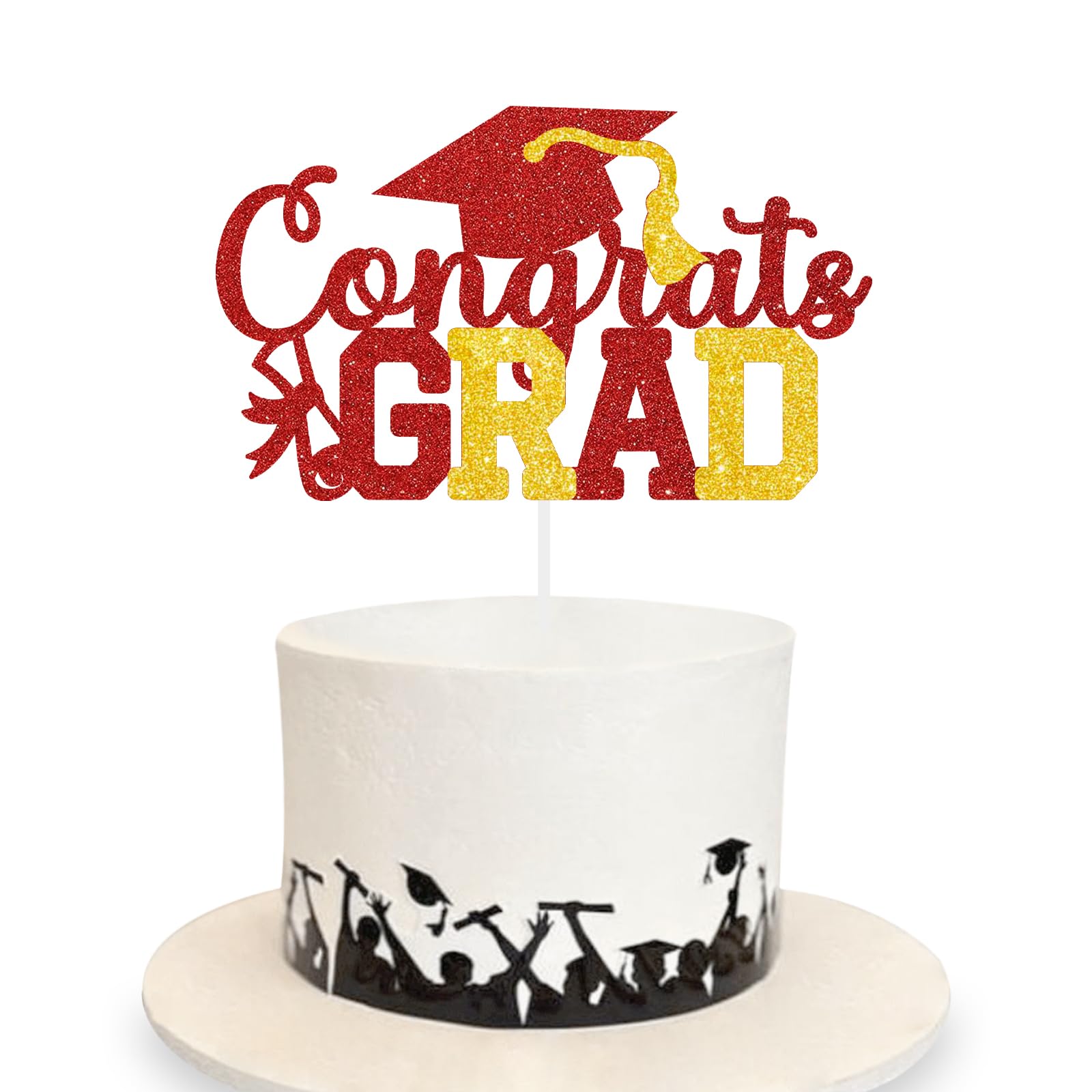 Photo 1 of Congrats Grad Cake Topper Graduation Party Table Ideas Glitter Junior High School College University Decorations Red Gold