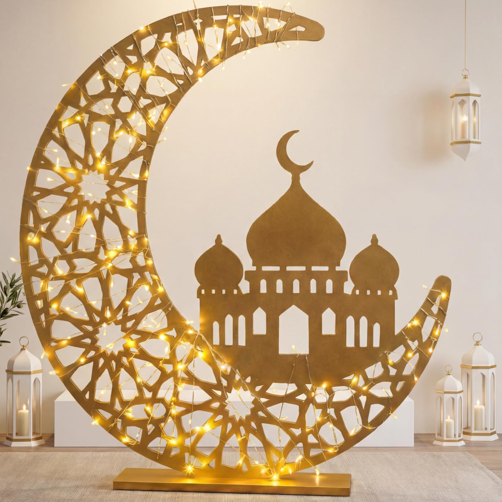 Photo 1 of Thyle 4ft Large Ramadan Decorations for Home Islamic Crescent Ramadan Moon Lamp Decor LED Light up Moon Eid Mubarak Decoration Light for Bedroom Living Room Lamp Battery Operated Eid Muslims Gift Gold