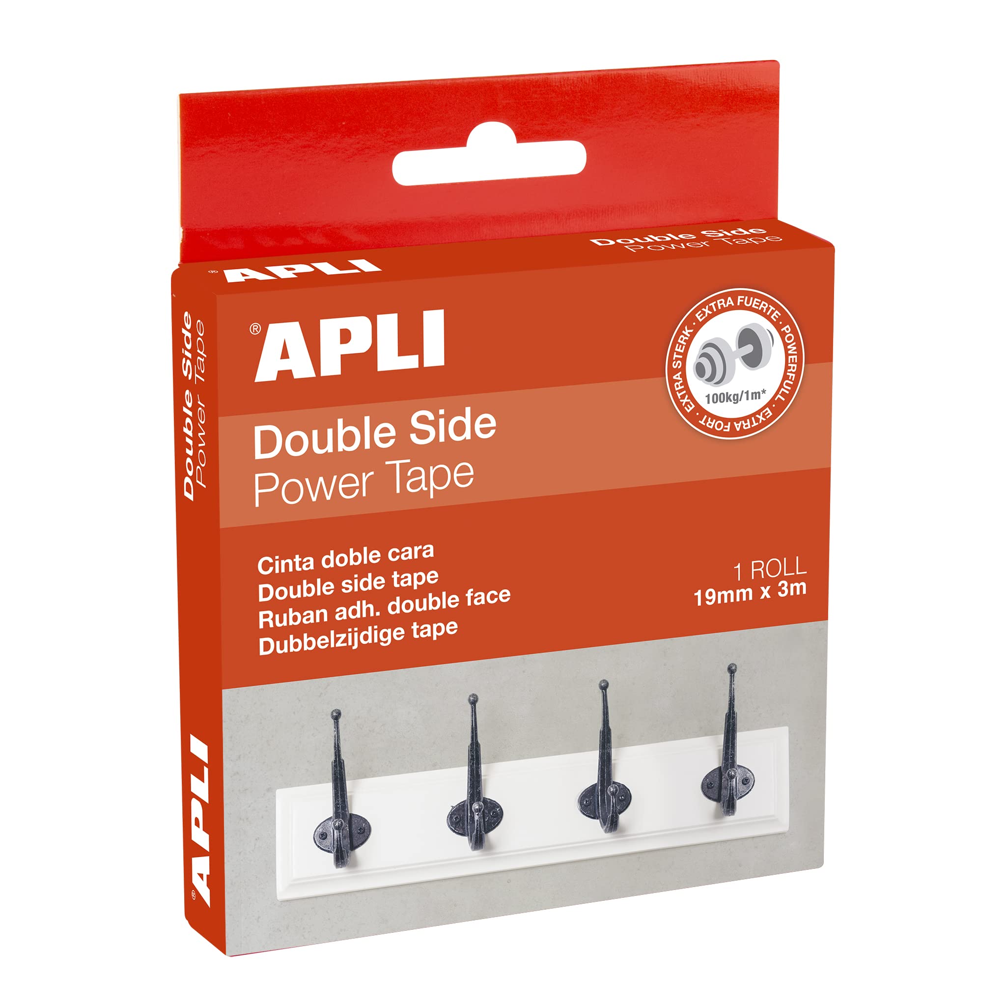 APLI 19184 Extra Strong Double Sided Tape - 19mm x 3m Heavy Duty Roll - For All Surfaces