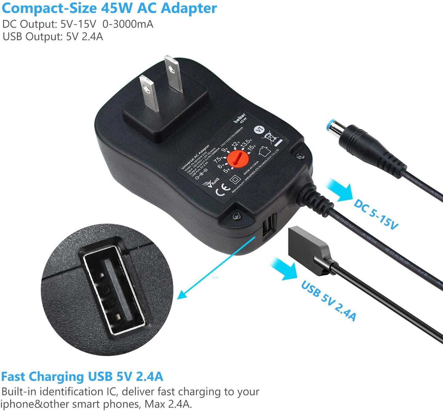Belker 45W 5V 6V 7.5V 9V 12V 13.5V 15V Universal AC DC Power Supply Adapter for Household Electronics LED Light Strip - 1A 2A 3A 3000mA Amp - Fast USB Charging Port 5V 2A 2.4A: Electronics