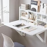 SoBuy Wall Mounted Folding Table | Floating Desk for Small Spaces, Fold Down Workstation Table with Adjustable Shelf for Home, Office, Bedroom, White