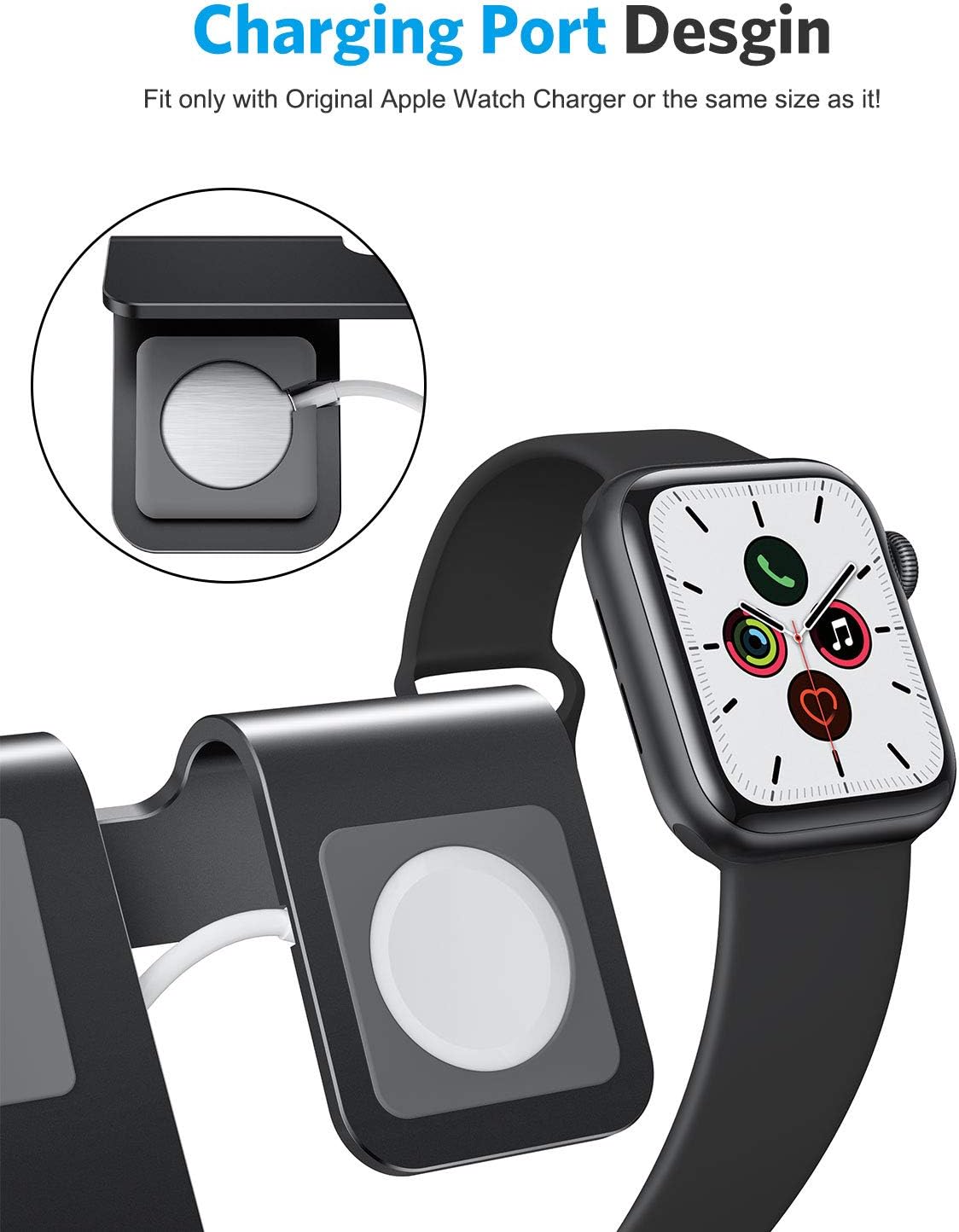 Apple Watch Stand, OMOTON 2 in 1 Universal Desktop Stand Holder for iPhone and Apple Watch Series 6/5/4/3/2/1 and Apple Watch SE (Both 38mm/40mm/42mm/44mm) (Black)