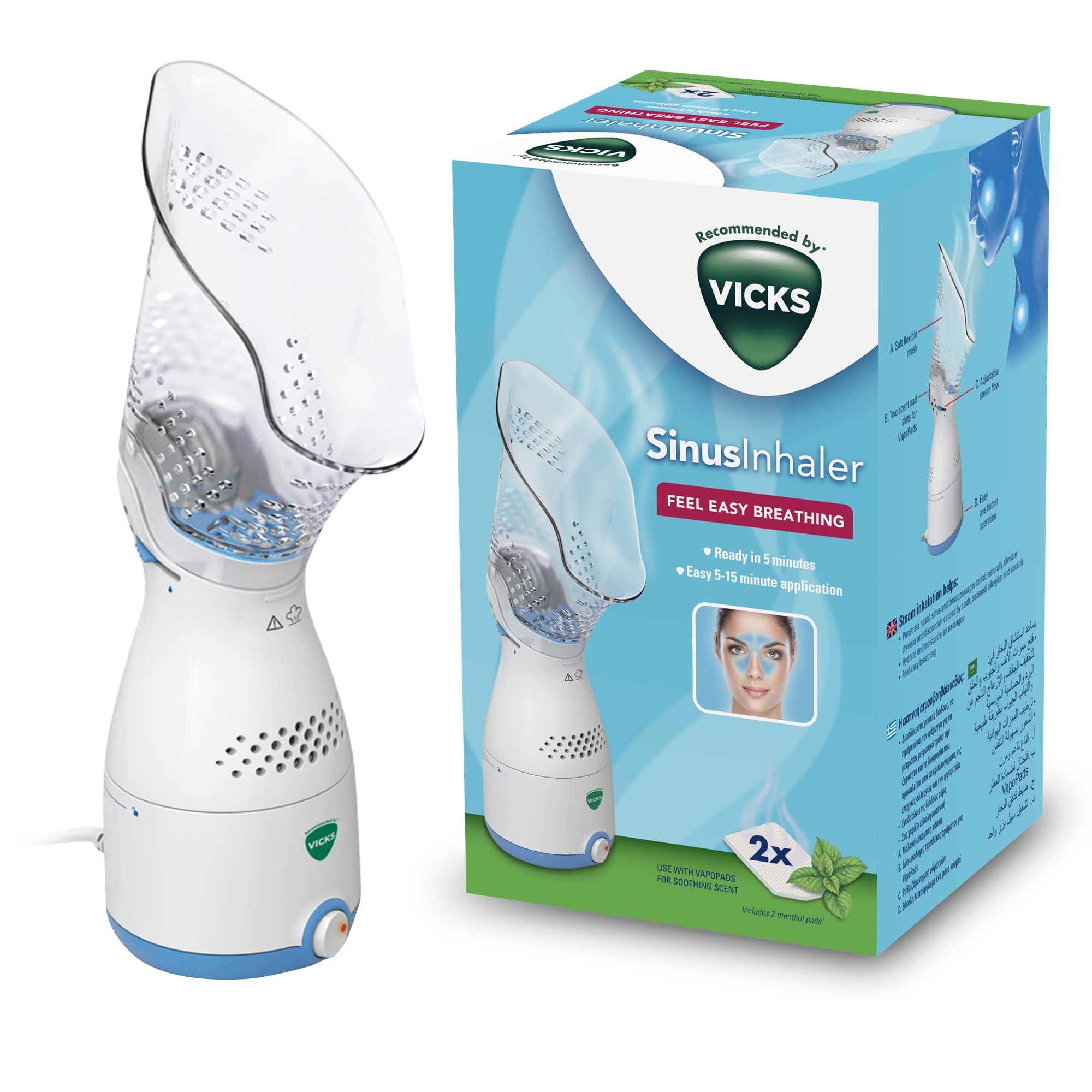 Vicks Sinus Inhaler - Suitable during Coughs, Colds or Blocked Noses - Adjustable Steam Control - Automatic Shut Off - Essential Oil Pads Included - VH200
