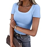 Women's Short Sleeve Tops Casual Scoop Neck Ribbed Knit Slim Fitted Basic Tee Shirts 2025 Summer Trendy Outfits