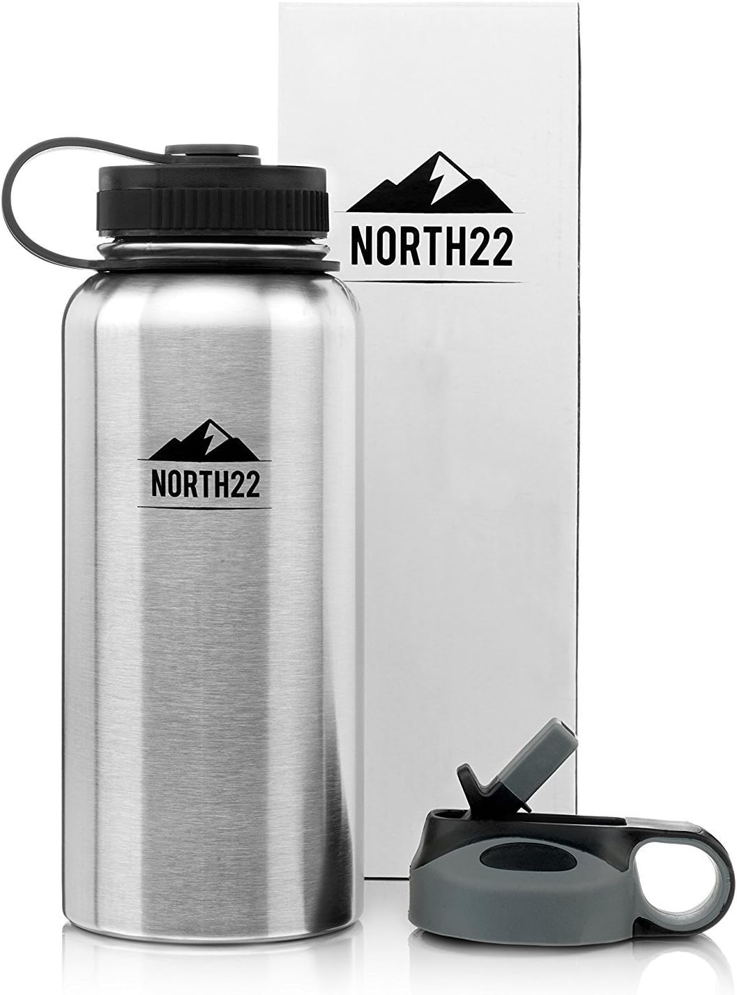 Vacuum Insulated Stainless Steel Bottle – Keep Drinks Hot or Cold – Travel Water Bottle – Wide Mouth with 2 Lids – 32oz by NORTH22