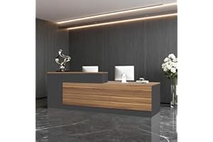 Huariifowm Modern L-Shaped Reception Desk with Hutch, Reception Counter Table, Lockable Drawer Door Cabinet, Office Wooden Computer Front Desk (European Oak+lron Gray-Left Cabinet, 94L*24" W*41" H)