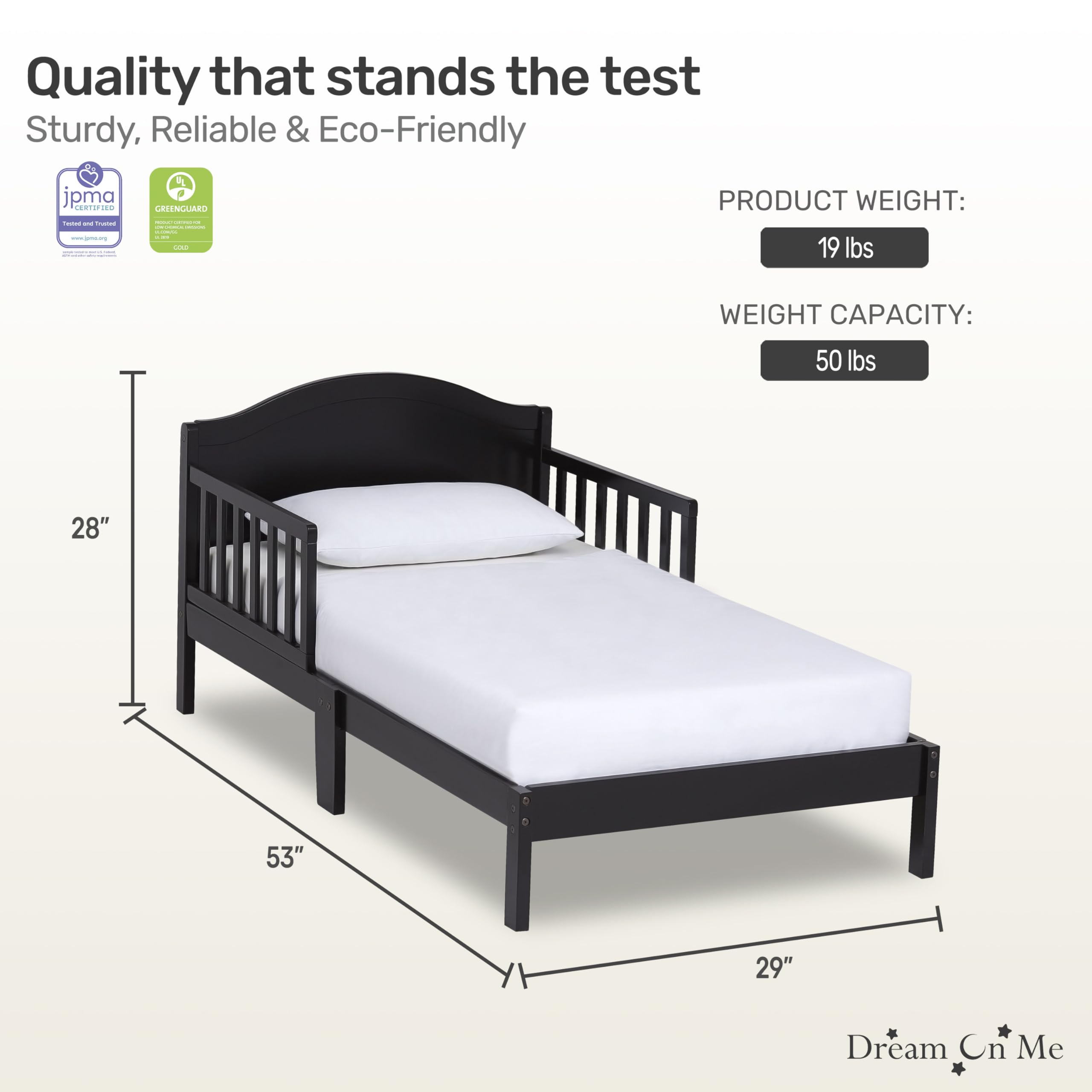 Dream On Me Sydney Toddler Bed in Black, Greenguard Gold Certified, JPMA Certified, Low To Floor Design, Non-Toxic Finish, Safety Rails, Made Of Pinewood