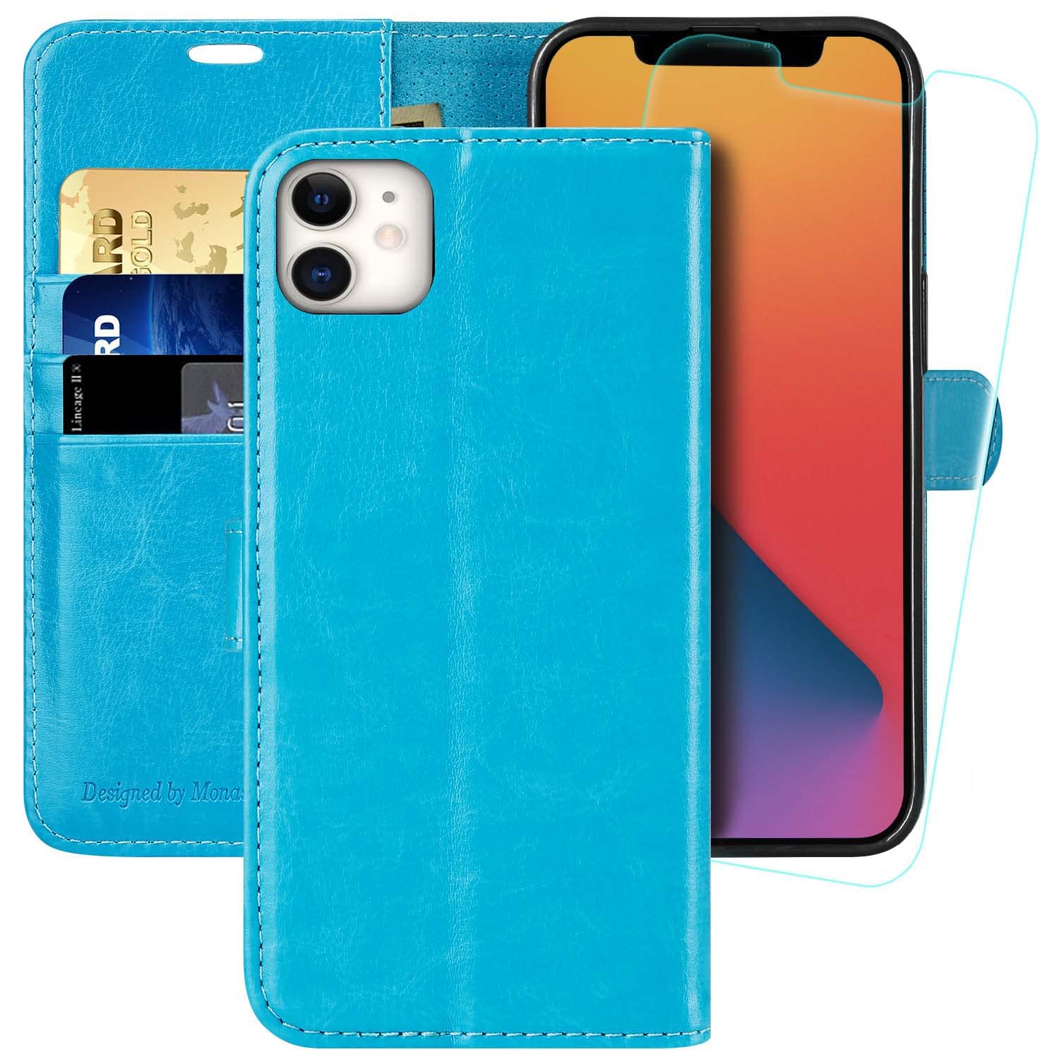 MONASAY Wallet Case for iPhone 11,6.1inch, [Glass Screen Protector Included][RFID Blocking] Flip Folio Leather Cell Phone Cover with Credit Card Holder for iPhone 11,Light Blue — image 1