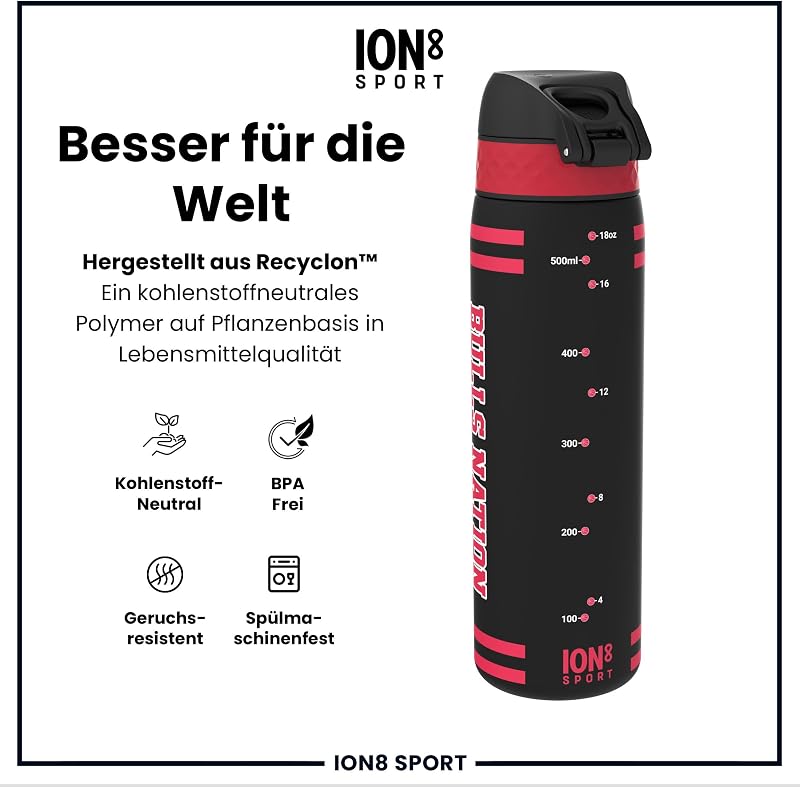 NBA Chicago Bulls Trinkflasche, 500 ml, Auslaufsicher, Einhandöffnung, Sichere Verriegelung, Spülmaschinenfest, BPA-frei, Tragegriff, Klappdeckel, Leicht zu Reinigen