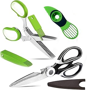 Herb Scissors Poultry Shears Set - Multipurpose Heavy Duty Kitchen Shears 5 Blades Cover Cutting Food Pizza Salad Meat Chopper Dishwasher Safe 3 in 1 Avocado Slicer By RemyLife