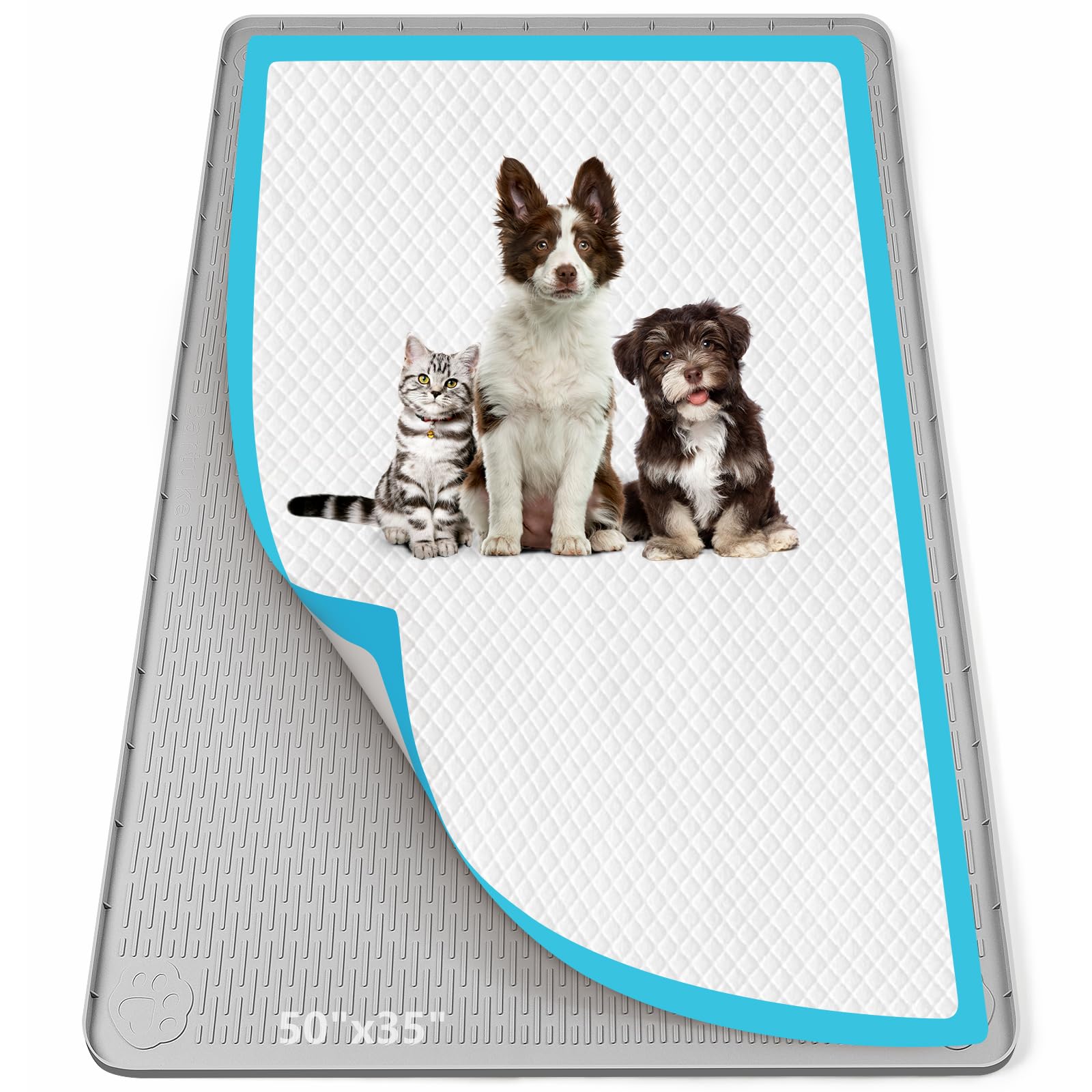 Photo 1 of Bartuke Pee Pad Holder for Dogs, 50" x 35" Silicone Pee Tray Mat Leak-Proof, High Edge, No Spill Pet Pad Holder for Puppy, Cat, Rabbit, Training Pads for Floor Protection, No Pee Pads (Light Grey)
