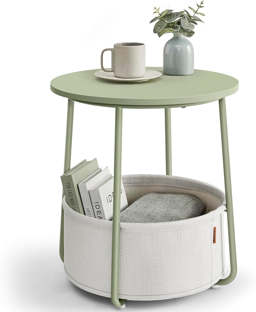 VASAGLE Round Side Table with Fabric Basket Laurel Green Cream LET223C69