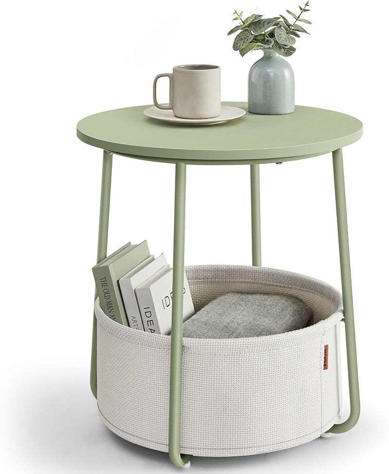VASAGLE Round Side Table with Fabric Basket Laurel Green Cream LET223C69