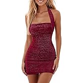 oten Women's Sexy Halter Backless Ruched Bodycon Mini Dress Short Homecoming Club Party Night Out Dresses