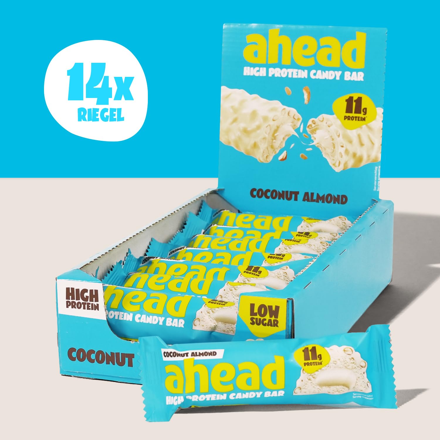ahead Protein Riegel | Coconut Almond | 14x 45g Extra softer Protein Riegel mit cremigem Kern | Low Carb Eiweißriegel ohne Zuckerzusatz & ohne Palmöl 4