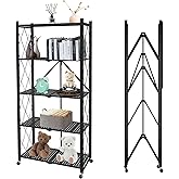 Yuanjimi 5 Tier Folding Shelf with Wheels,Metal Steel Collapsible Shelves,No Assembly Portable Shelves Organizer Rack,Rolling Standing Utility Rack for Kitchen, Pantry, Office, Black
