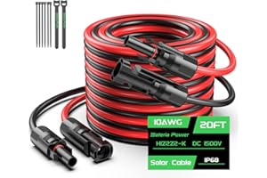 20Feet 10AWG Solar Panel Extension Cable, Bateria Power 10 Gauge PV Wire with Female & Male Waterproof Connectors for RV, Photovoltaic Systems, Set of 2
