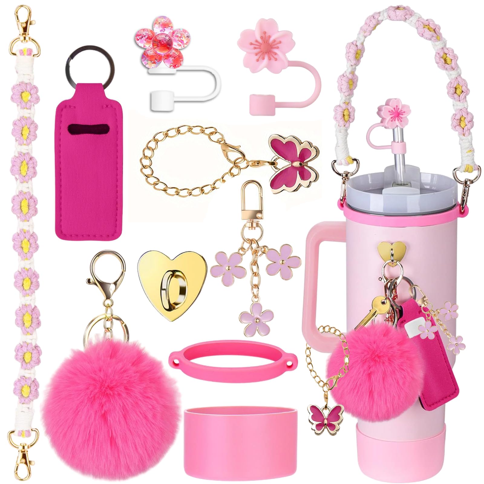 Stanley Cup Accessories Set, 10-Piece Decor Includes Straw Cover, Bottle Handle Strap, Silicone Boot, Charms for 40oz & 30oz Tumbler, Red