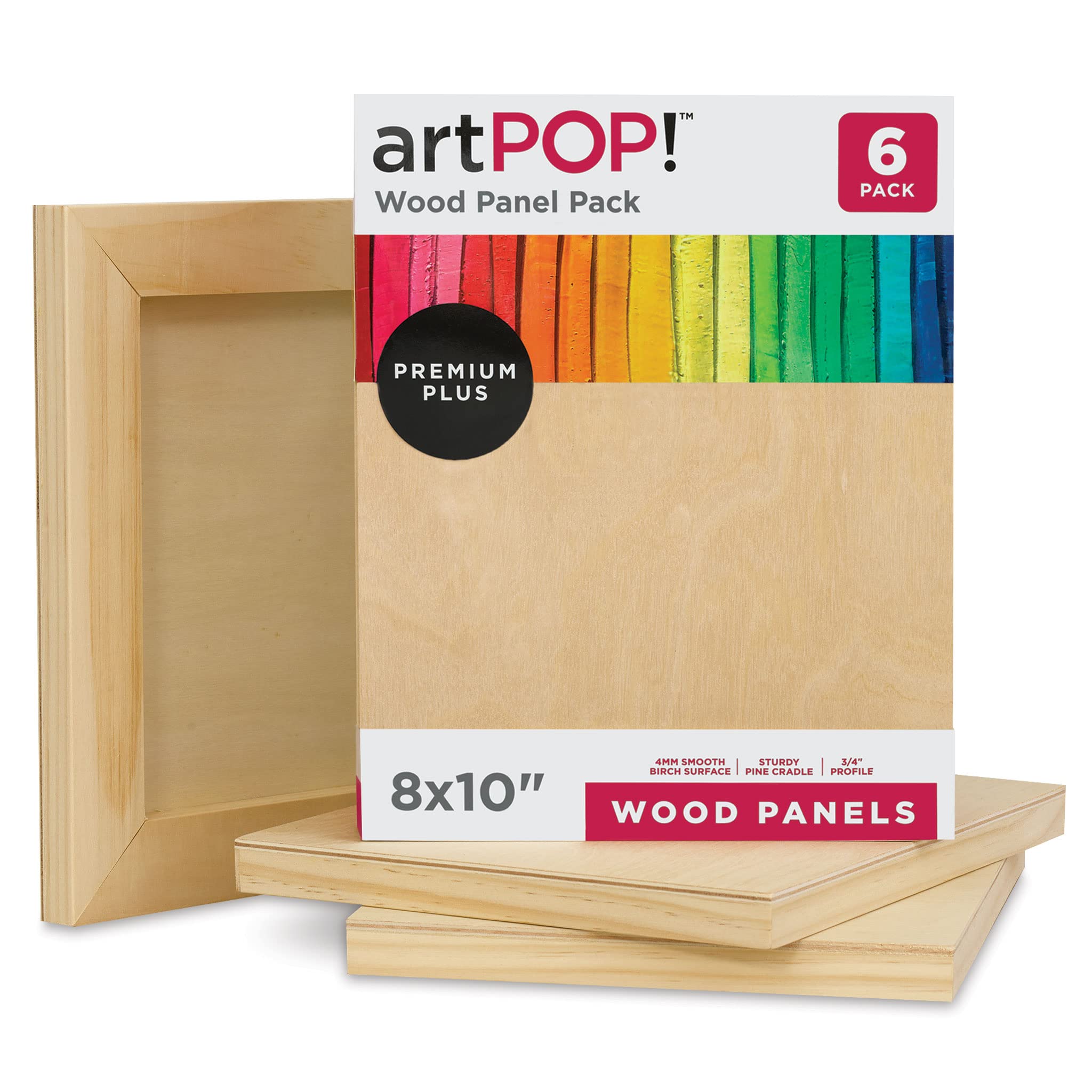 artPOP! Wood Panel Pack, 8 x 10 inches - Package of 6 Birch Wood Craft Panel Boards, 3/4 inch Profile Pine Cradle for Pouring, Crafting, Painting