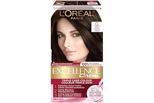 L'Oréal Paris Excellence Crème Hair Dye with Hyaluronic Acid,Dark Brown G, Hair Color for Women, 100% Grey Coverage, Long Las