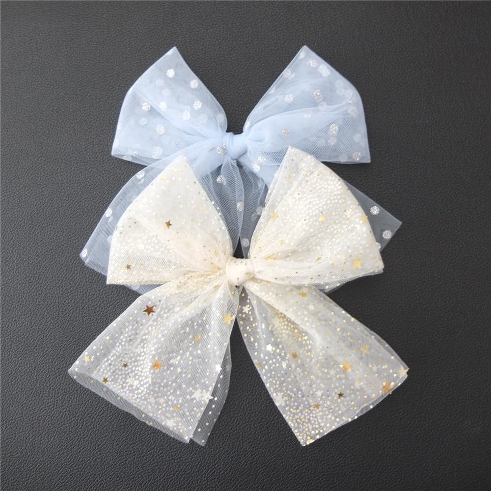 Sugarmelon Large Tulle Bow Hair Clips for Baby Girls Lace Hair Bow Teen Girls Women Lightweight Gauze Dress Bow Hair Barrettes Accessories (Moon Star and Blue Foil) — image 1