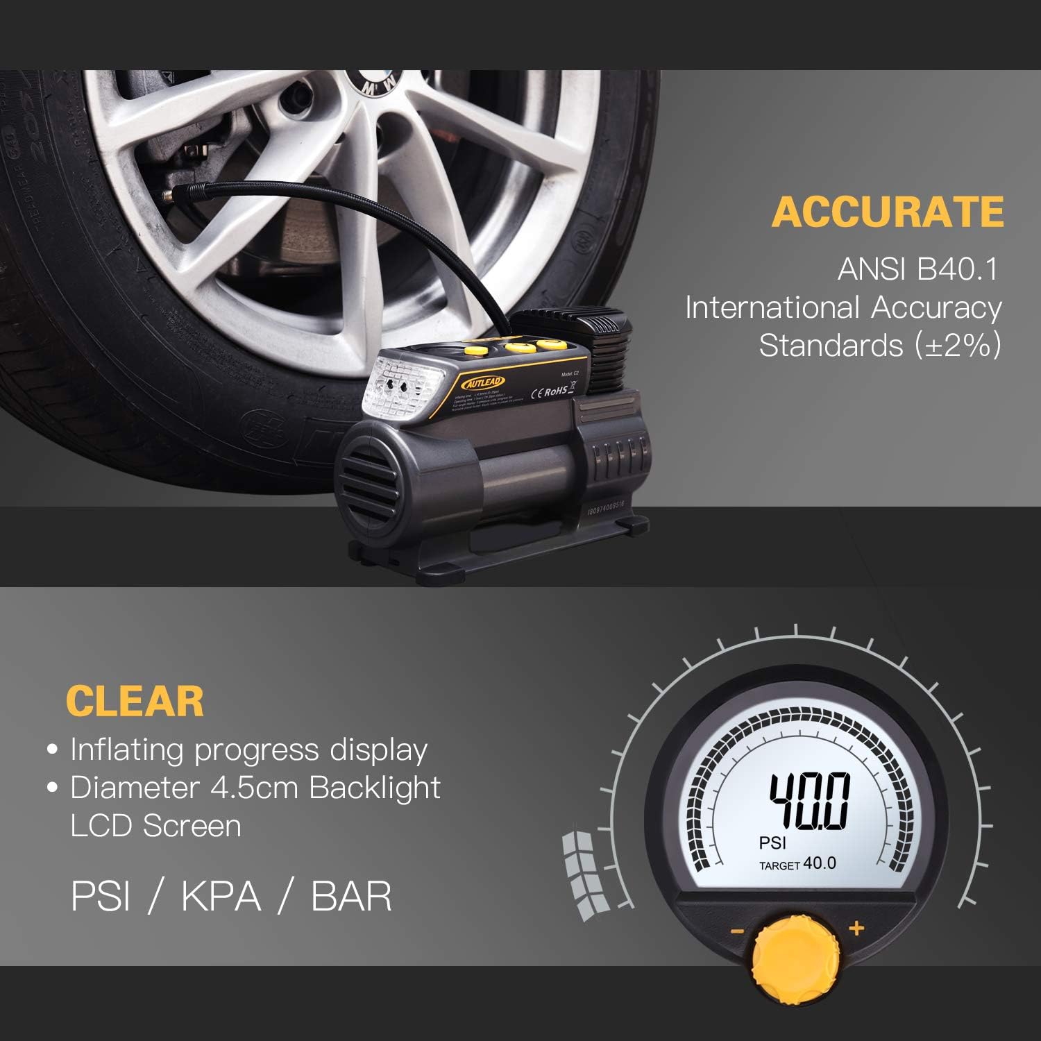 AUTLEAD C2 12V DC Portable Air Compressor Tire Inflator Pump with Digital Gauge for Car Bike Tires and Other Inflatables: Automotive