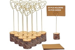 LEPOHOME 20 Pcs Rustic Wood Place Card Holders and 30 Pcs Kraft Place Cards, Wooden Table Number Holder Stand Photo Picture Note Clip Holders for Wedding Party Name Sign(Gold Heart Wire)