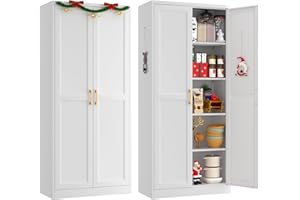 Polup White Kitchen Pantry Cabinet, 71 Inch Tall Metal Storage Cabinet with Doors and Shelves, Pantry Cabinets for Kitchen Storage, Freestanding Cupboard for Living, Dining Room, Assemble Required