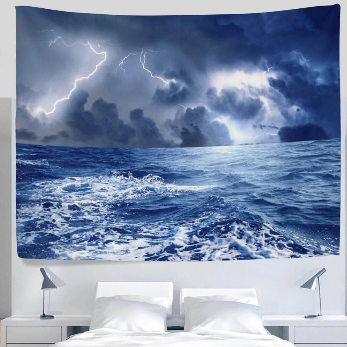 ufdinhaha Landscape Nature Blue Ocean Sea Wave Lightning Tapestry Wall Hanging Decor Light-weight Polyester Fabric Cottage Dorm Wall Art Home Decoration 80x60 Inches