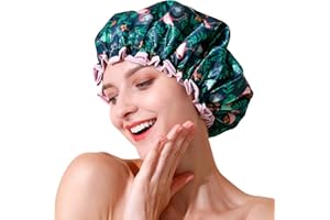 BEAUTAIL Shower Cap, Reusable Bath Shower Caps for Women Long Hair, Double Layer Waterproof Bathing Shower Hat Hair Protector for Kids Girls Men, Flamingo, 1 Pack