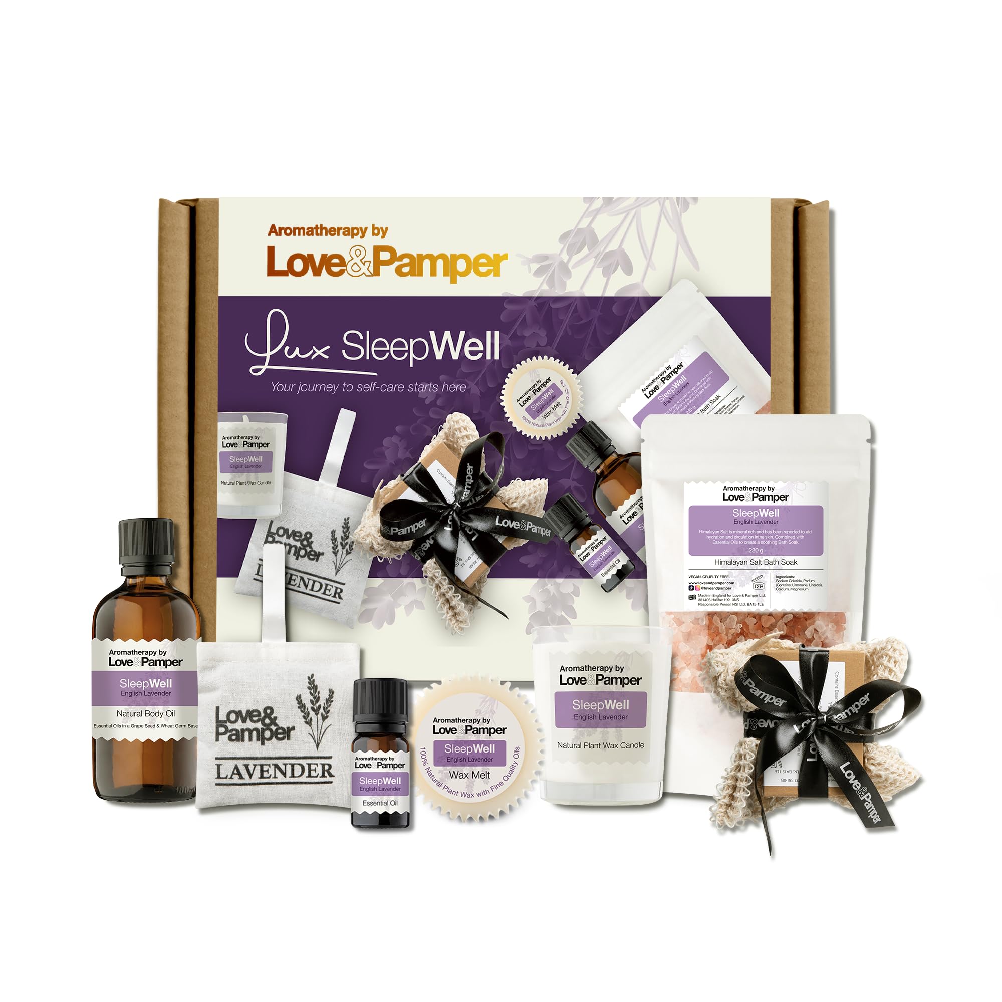 LUX SLEEP WELL - Lavender Aromatherapy SPA Pamper Gift Sets For Women Wellness,Essential & Massage Oil, Himalayan Bath Salt, Soya Candle,Ribbon Tied Sisal Lux Soap,Pillow Pouch,Wax Melt