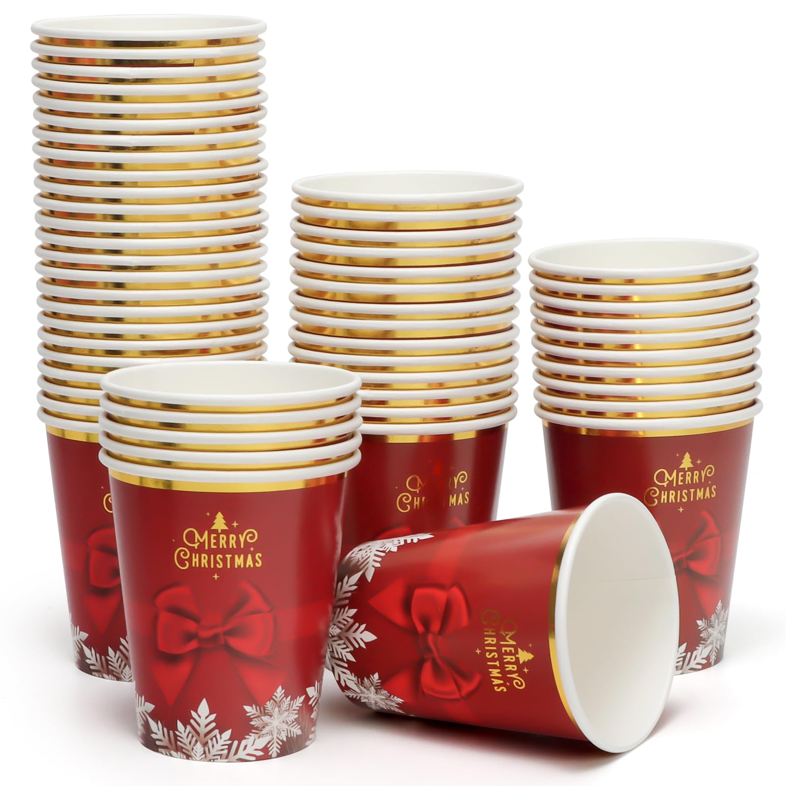PARTY GO Christmas Paper Cups 60PCS Christmas Cups Disposable 9oz Red Snowflake Pattern, for Hot and Cold Beverages, Ideal for Xmas Parties