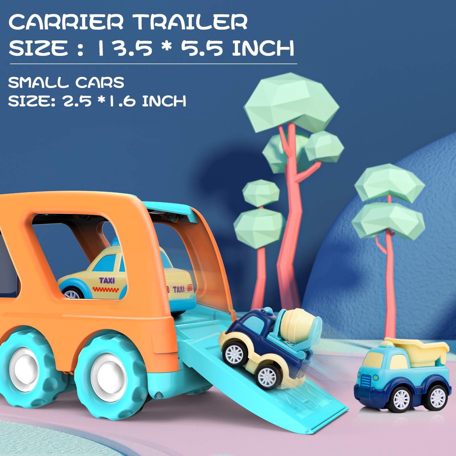 9 Pack Cars Toys for 2 3 4 5 Years Old Toddlers Boys & Girls Gift, Big Transport Truck with 8 Small Cute Pull Back Trucks, Carrier Truck with Sound & Light 13.5 * 5.5 inch, 2.5 *1.6 inch