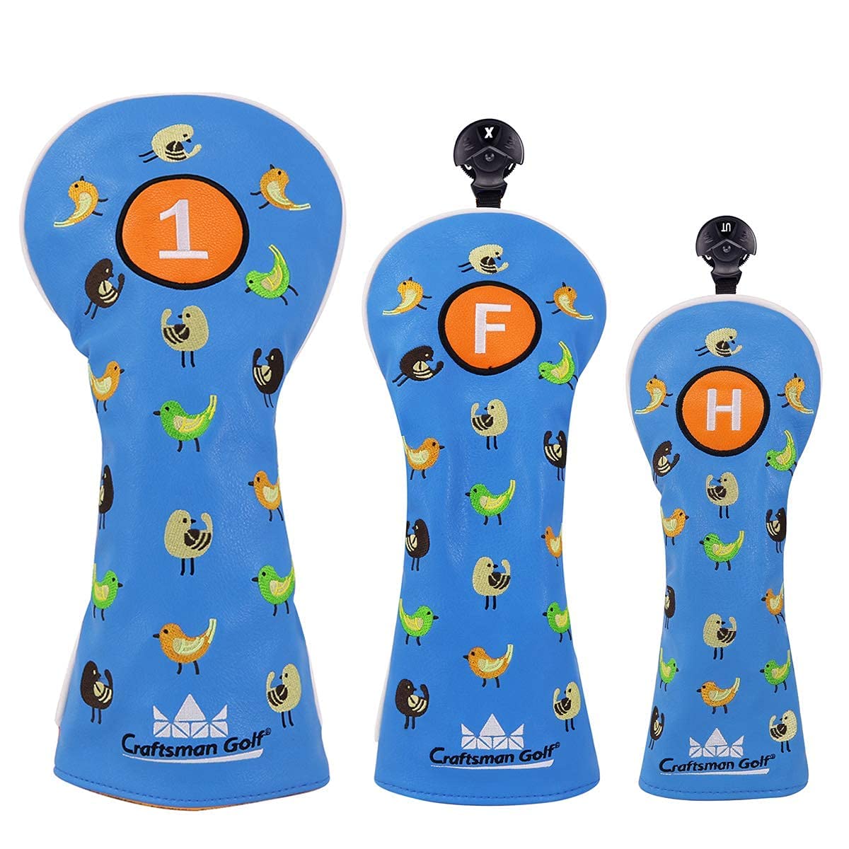 Craftsman Golf Birdie Birds Blue Driver Fairway Wood Hybrid Mallet Blade Putter Cover Headcover (3pcs (1,F,H))