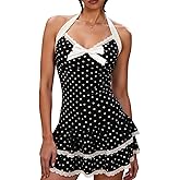 Milumia Women's Polka Dots Lace Trim Halter Mini Dress Y2k Ruffle Layered Bow Front A Line Short Dresses
