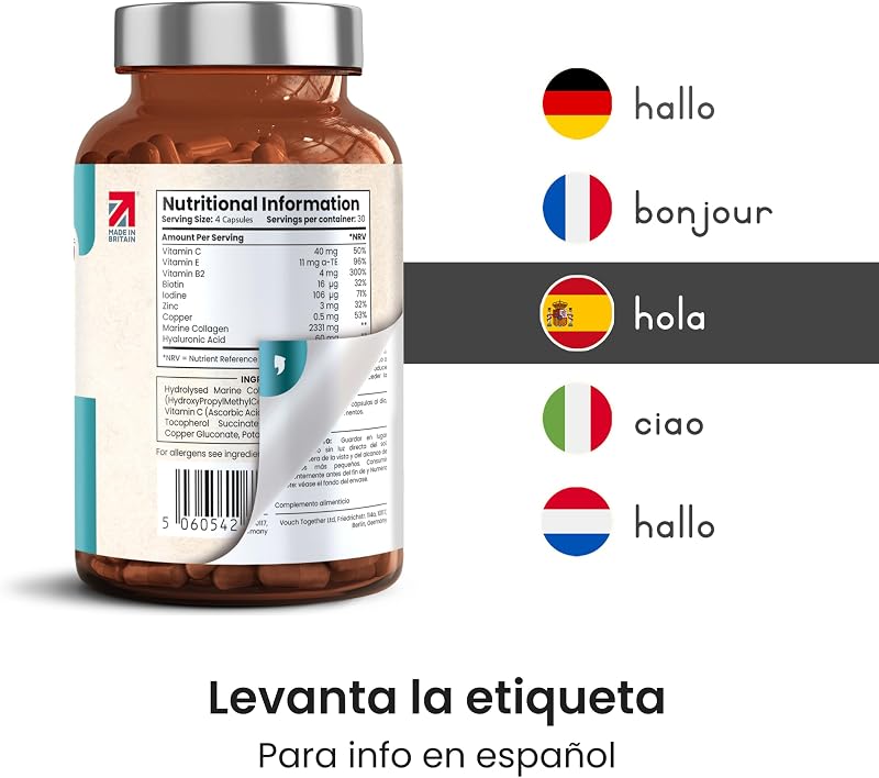 Colágeno Hidrolizado Alta Dosis 2450 mg | Colageno Marino con Acido Hialuronico Capsulas | Colageno Hidrolizado con Vitamina C, E, B2 y Zinco | Colágeno para Articulaciones Piel Cabello | VitaBright