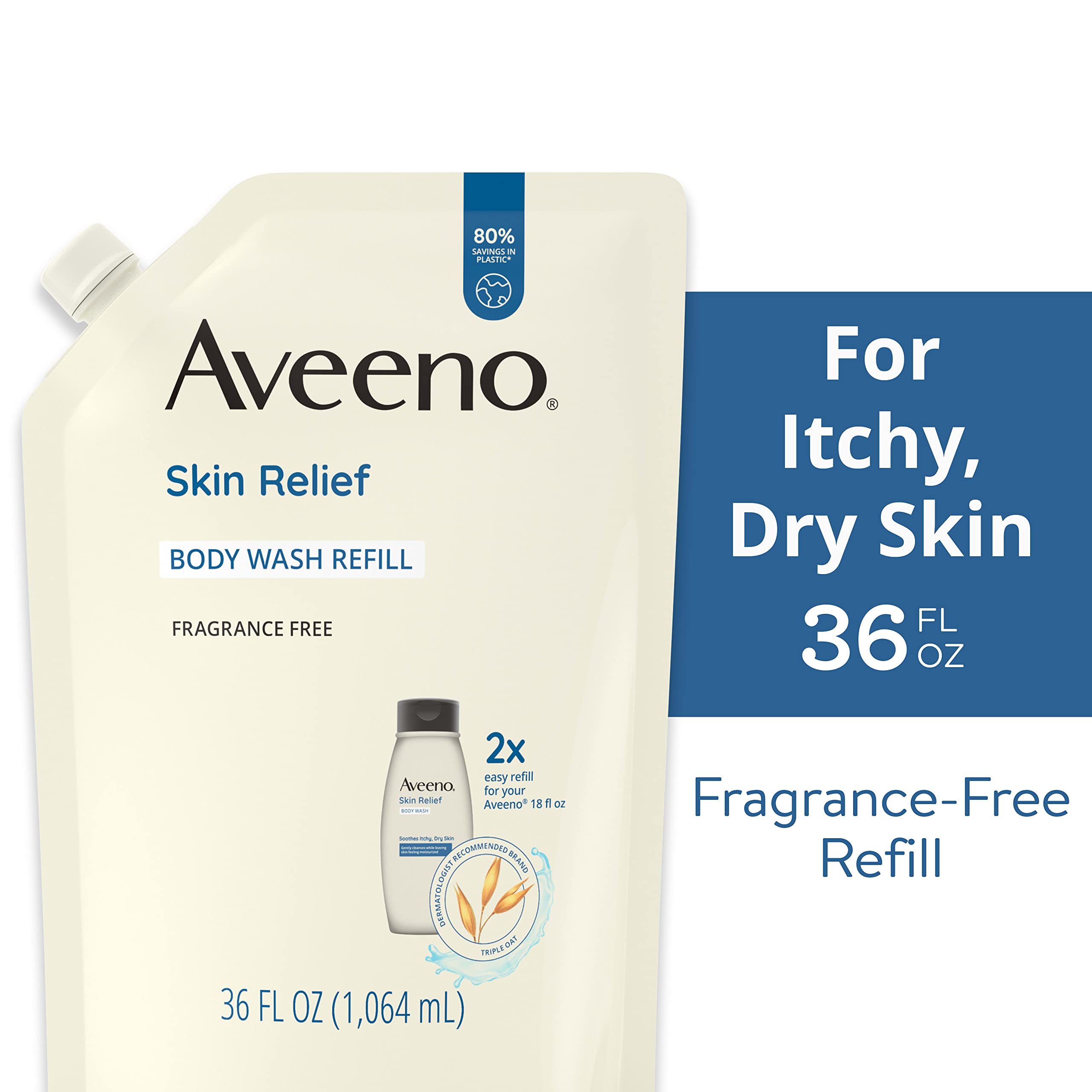 Aveeno Skin Relief Body Wash Fragrance-Free + Triple Oat Formula, Gentle Daily Cleanser for Sensitive Skin Leaves Itchy, Dry Skin Feeling Soothed & Moisturized, Body Wash Refill, 36 fl. oz